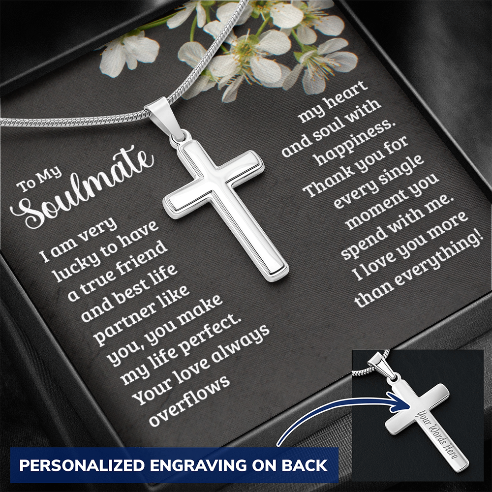 To My Soulmate. Personalized Polished Stainless Steel Cross Necklace