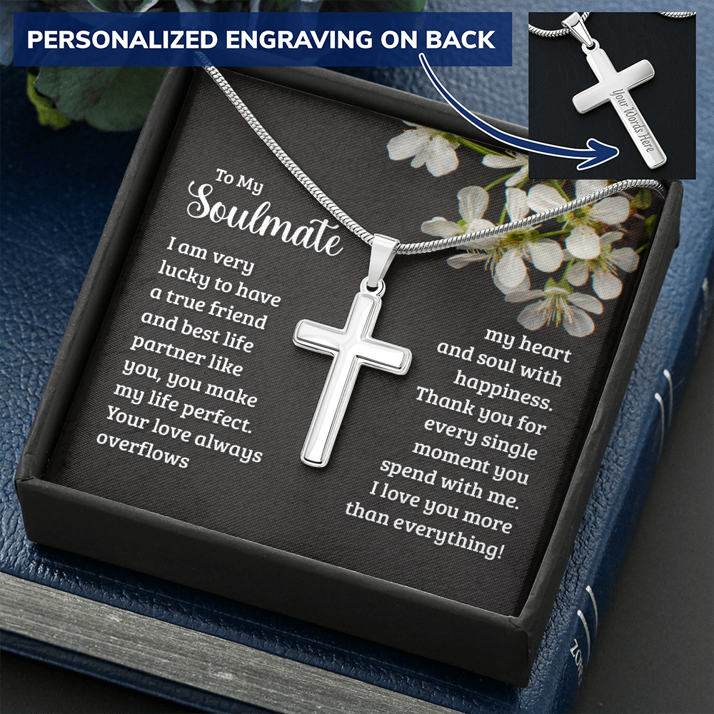 To My Soulmate. Personalized Polished Stainless Steel Cross Necklace