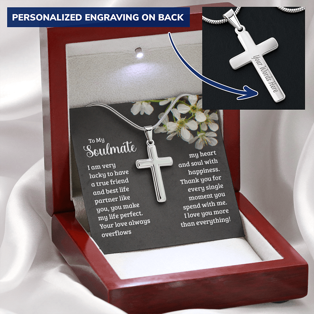 To My Soulmate. Personalized Polished Stainless Steel Cross Necklace