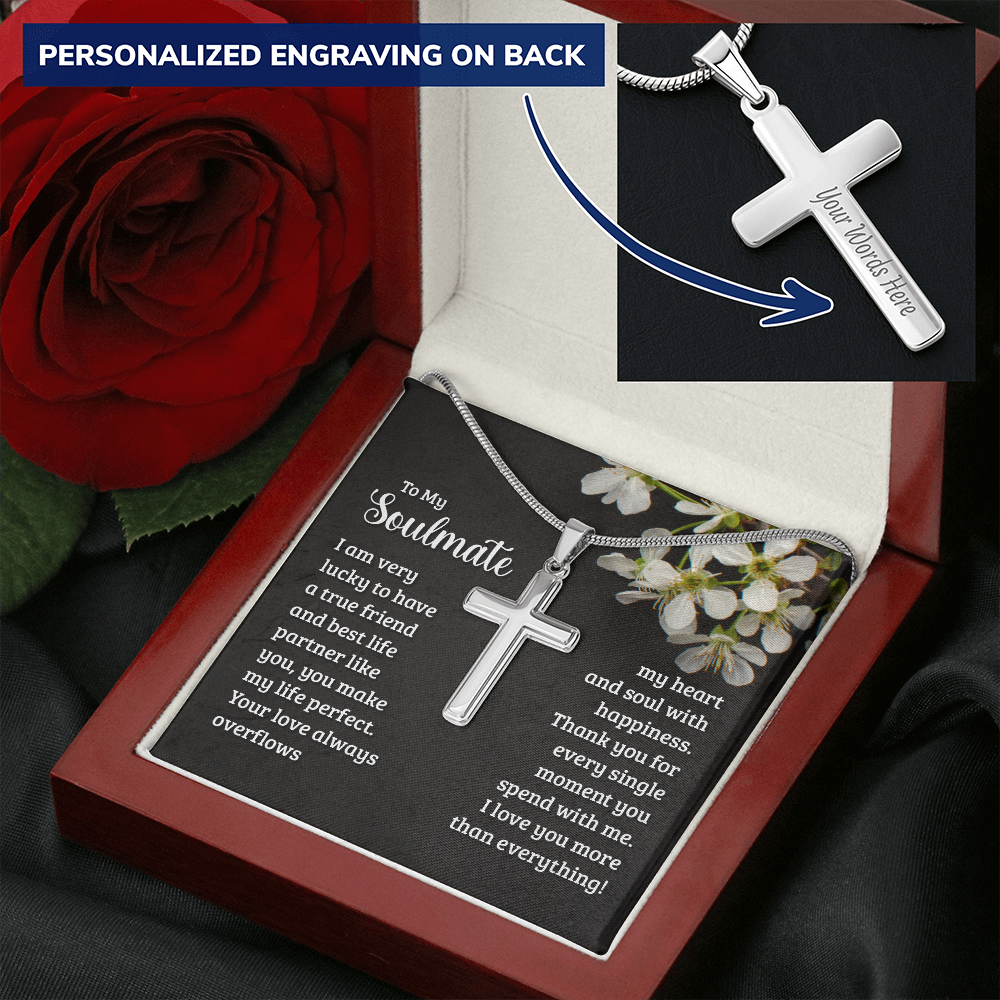 To My Soulmate. Personalized Polished Stainless Steel Cross Necklace