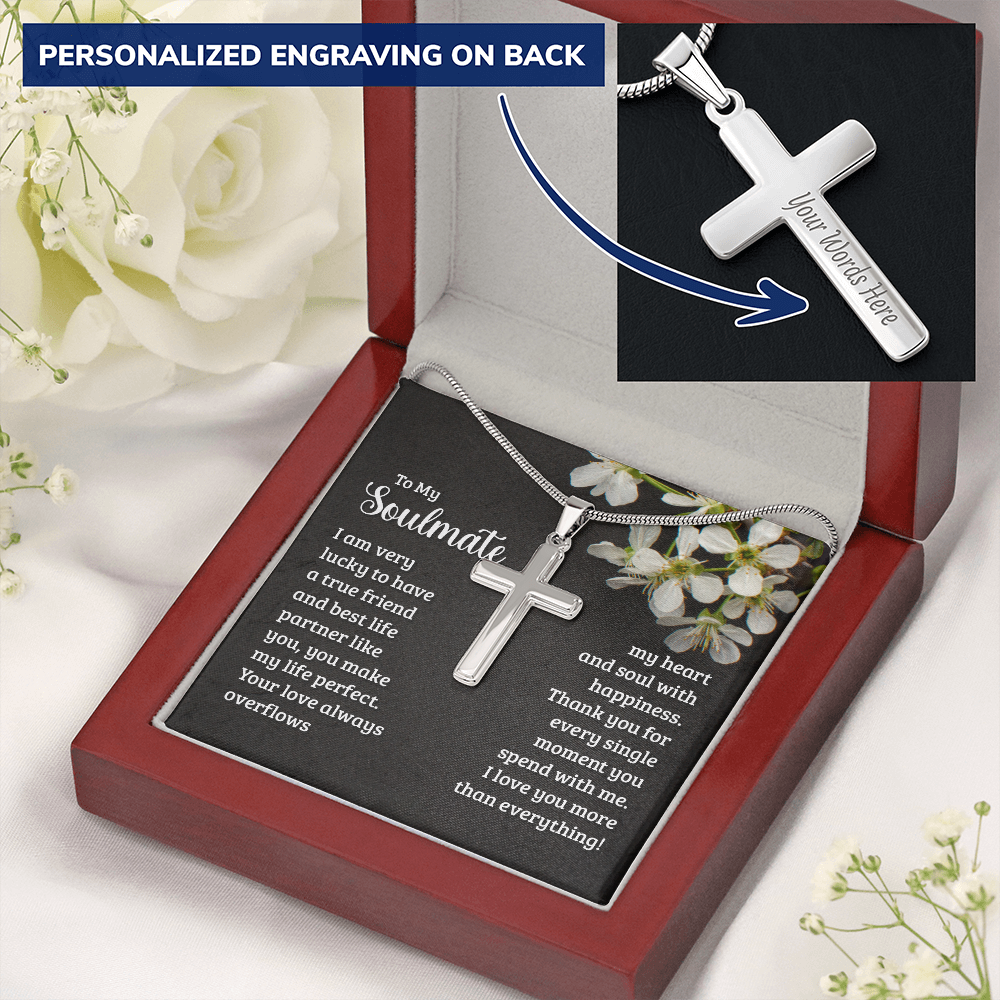 To My Soulmate. Personalized Polished Stainless Steel Cross Necklace