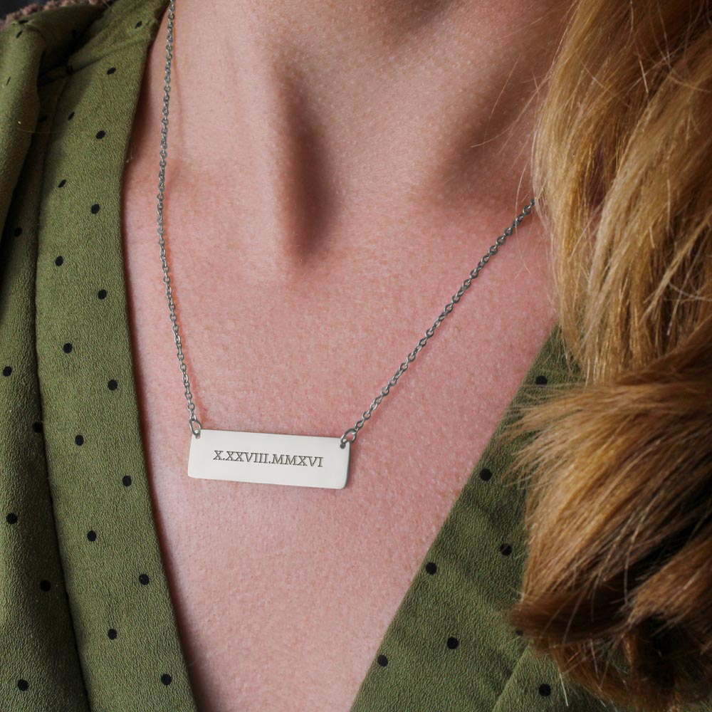 Roman Numerals Horizontal Bar Necklace Choose Silver Or Gold Color