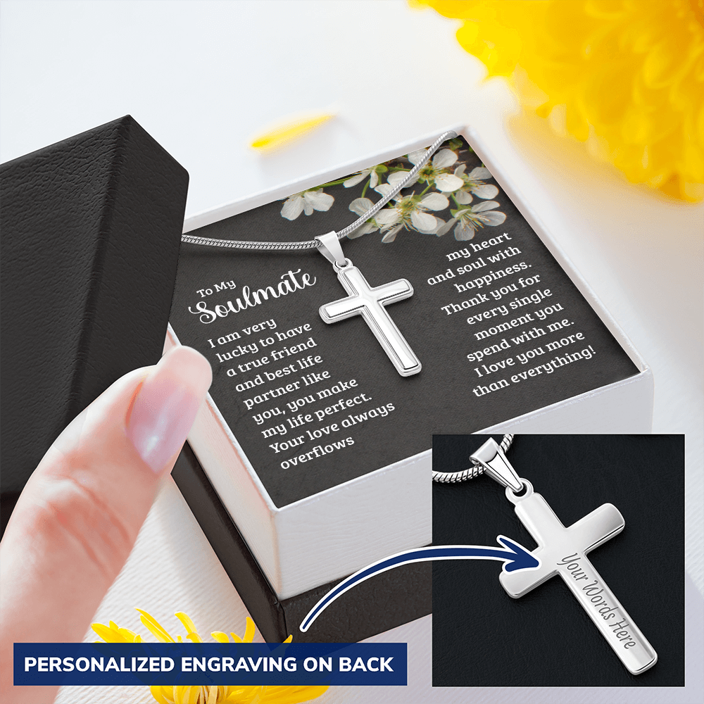 To My Soulmate. Personalized Polished Stainless Steel Cross Necklace