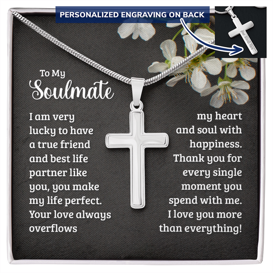 To My Soulmate. Personalized Polished Stainless Steel Cross Necklace